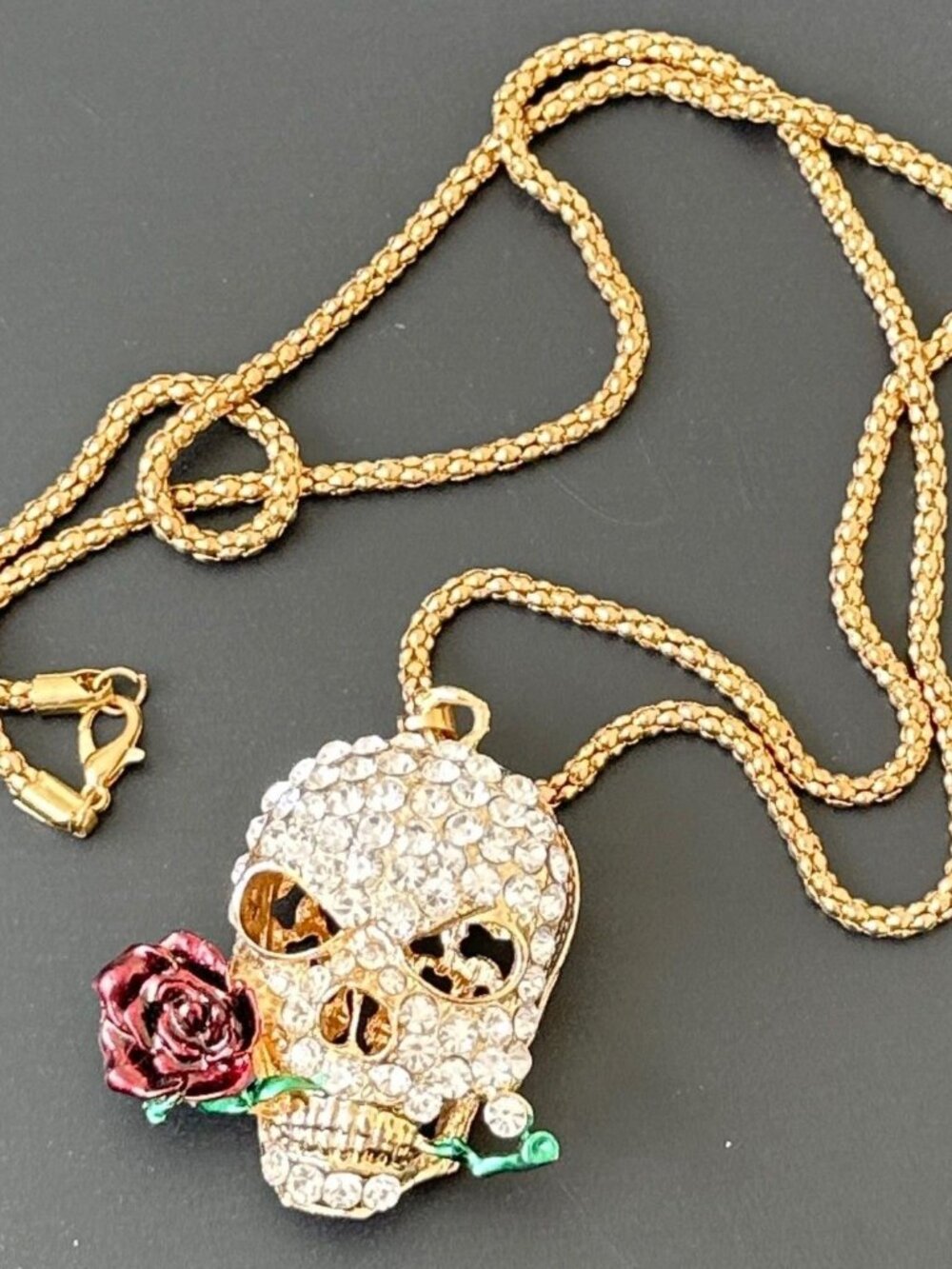 Rhinestone Skull Pendant Long Chain Necklace Purple Rose